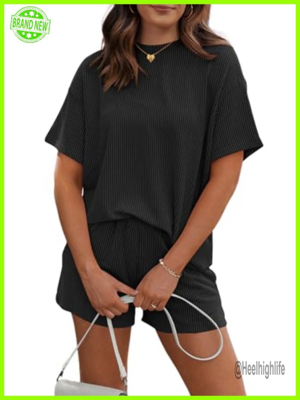 Women 2 Piece Ribbed Knit Lounge Set Short Sleeve Top Shorts with Pockets